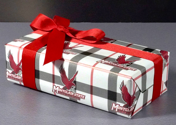 branded gift wrapped package with red ribbon