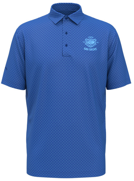 blue patterned polo shirt