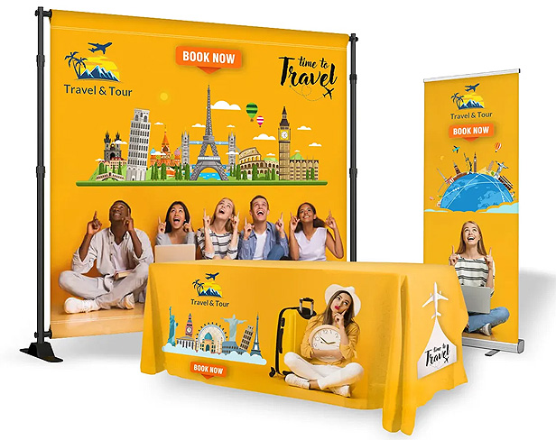 10' x 10' vinyl backdrop, retractable banner and poly poplin