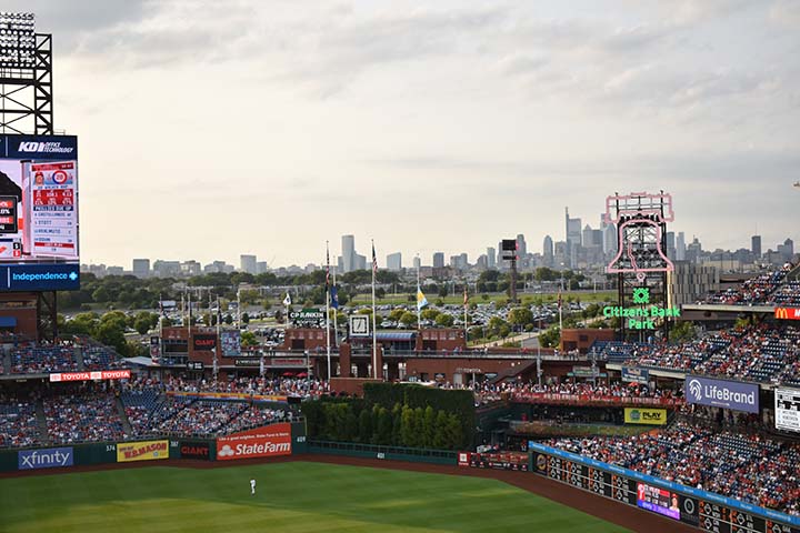 The Philadelphia city skyline can be seen from the park