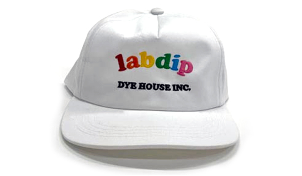 white hat with multicolor embroidered logo