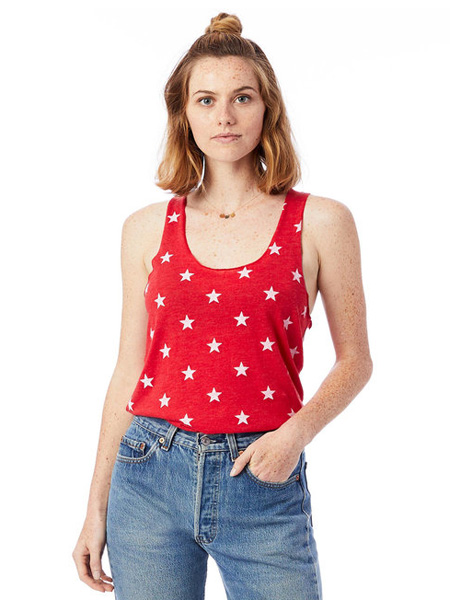 woman wearing red tank top with white stars