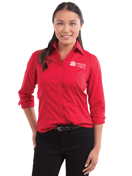 woman wearing red button down shirt