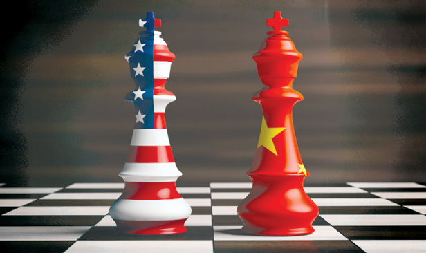 US and Chinese chess pieces on chess board