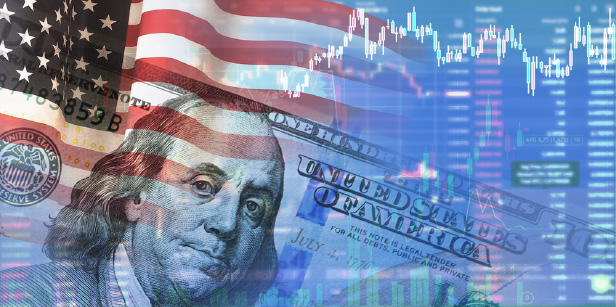 Ben Franklin money, US flag and stock chart collage