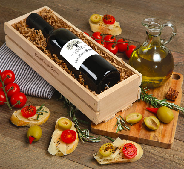 olive oil gift set in wooden crate