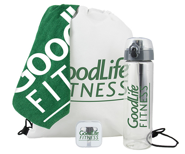 fitness kit, towel, water bottle and earbuds