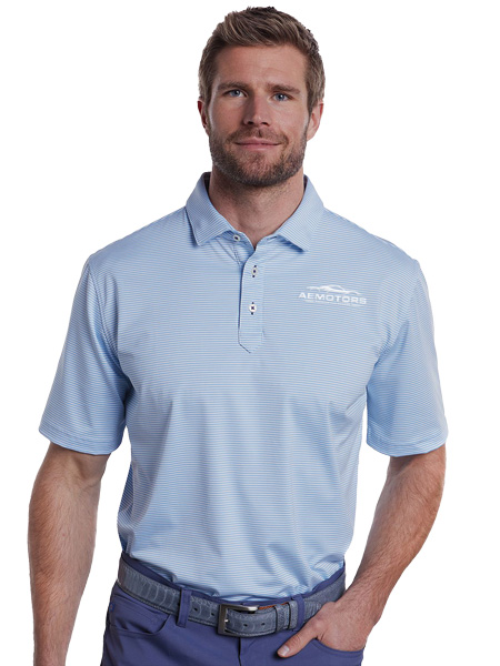 man modeling blue & white stripe polo shirt