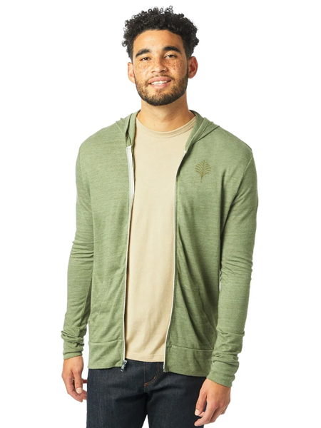 man wearing light green zip-up hoodie