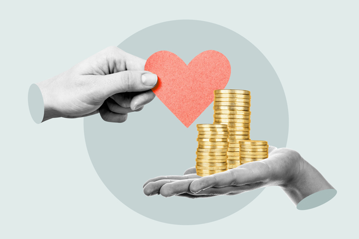 hand holding heart, coins