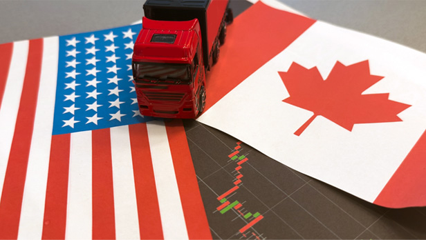 US flag, red truck, Canadian flag