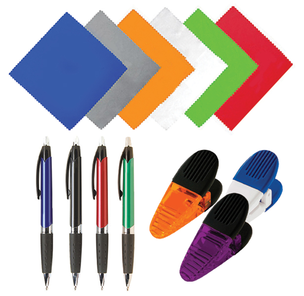 power clips, pens, microfiber cloths