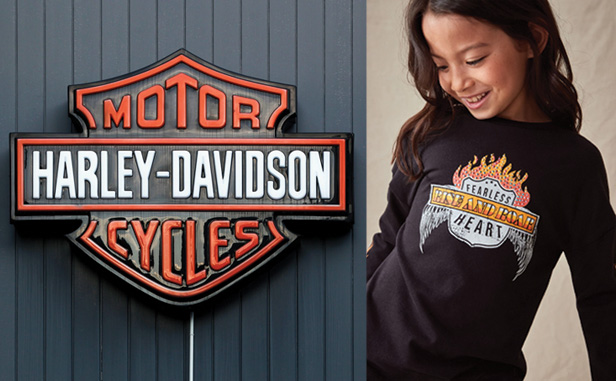 Harley Davidson logo and child wearing long-sleeve black t-shirt