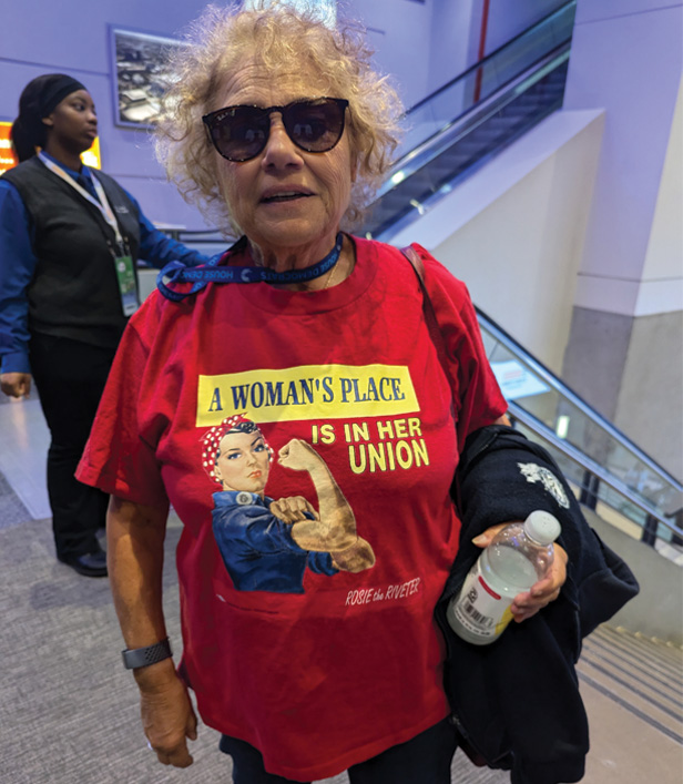 woman DNC goer wearing red tee