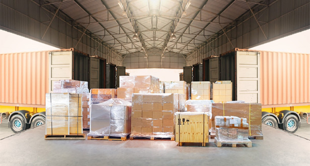 warehouse with boxes on pallets