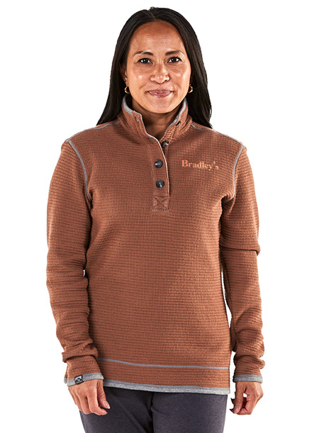 woman modeling waffle-textured quarter-zip